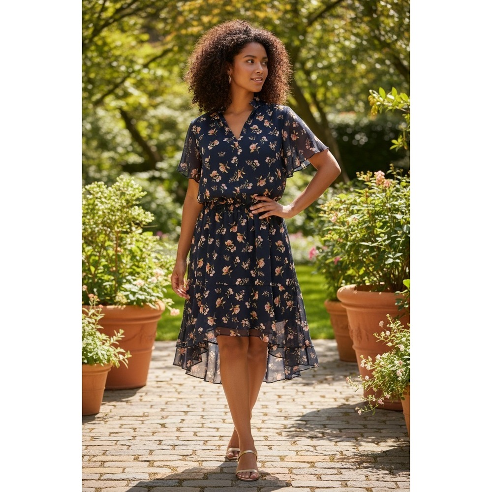 (H-232)1.STATE‎ Floral Dress Size 0X Navy Blue Ruffle Hem Short Sleeve boho